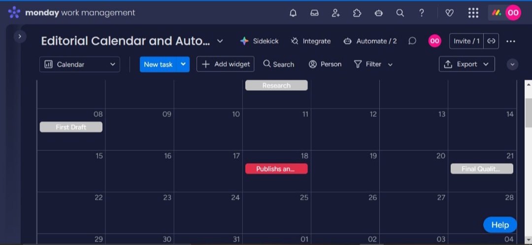 Monday.com editorial calendar showing scheduled research, first draft, publishing and final quality tasks.