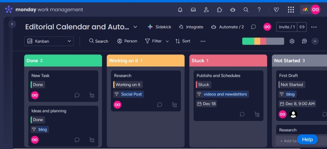 Monday.com editorial Kanban board showing Done, Working on it, Stuck and Not Started content stages.