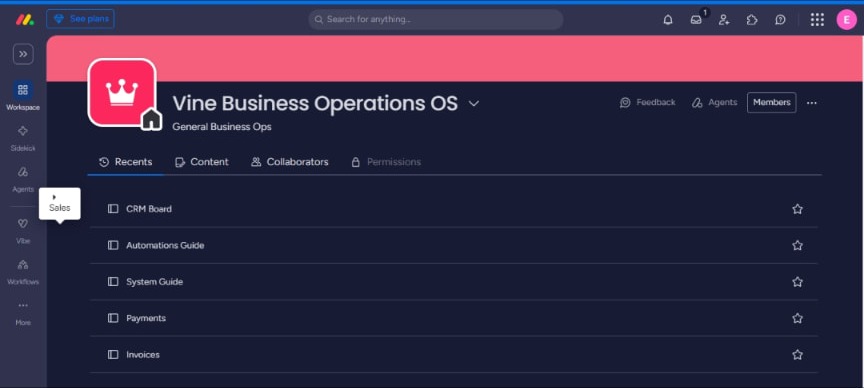 Monday.com workspace overview showing the boards in the Business Operations OS