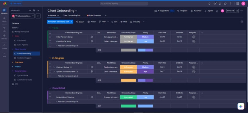 Monday.com Client Onboarding board with to-do, in-progress and completed onboarding tasks